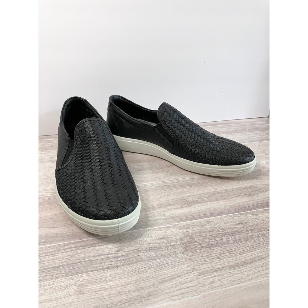 ECCO Soft 7 Woven Leather Slip On Sneaker Sz 11 Casual Comfort Minimalist Black